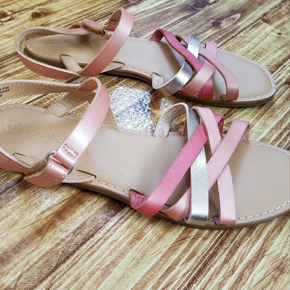 Cat & Jack Pink Silver Strappy Sandals Girls Size 5 Metallic